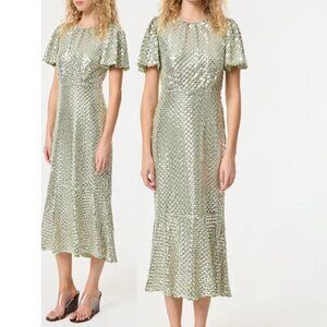 NWT $695 RHODE NICOLETTE SILVER SEQUIN SAGE GREEN MIDI DRESS SIZE 10